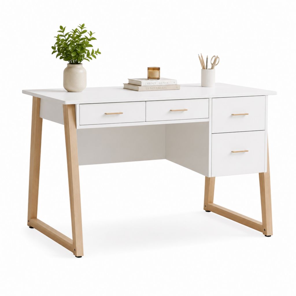 Schreibtisch Weiß mit 4 Schubladen MDF und Kautschukholz 120 x 60 x 75 cm