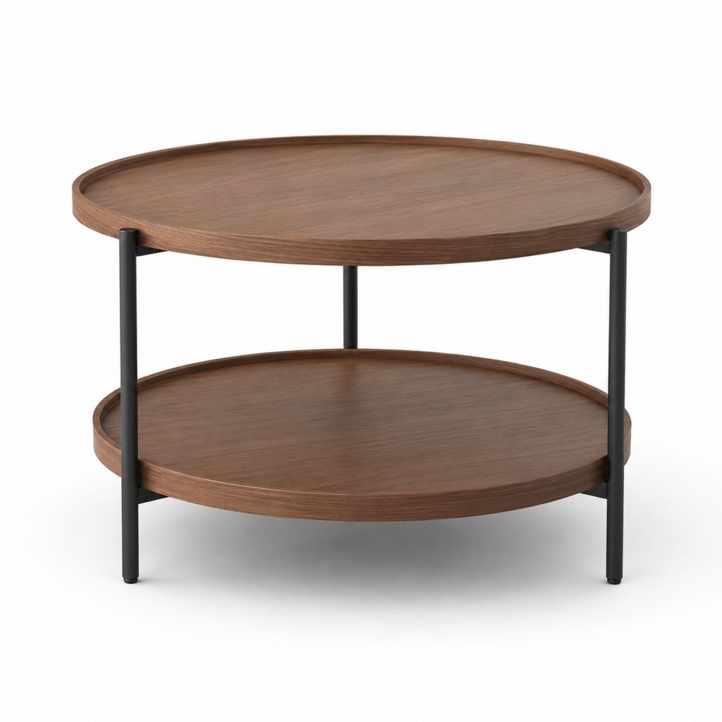Runder Couchtisch Walnussbraun MDF Stahlgestell mit Ablage Ø 80 cm Höhe 45 cm