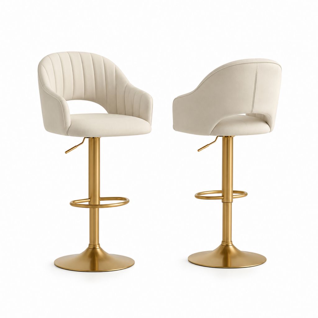 2er Set Barhocker Creme PU-Kunstleder mit Goldfarbenem Stahlgestell Höhenverstellbar 52 x 54 x 94-114 cm