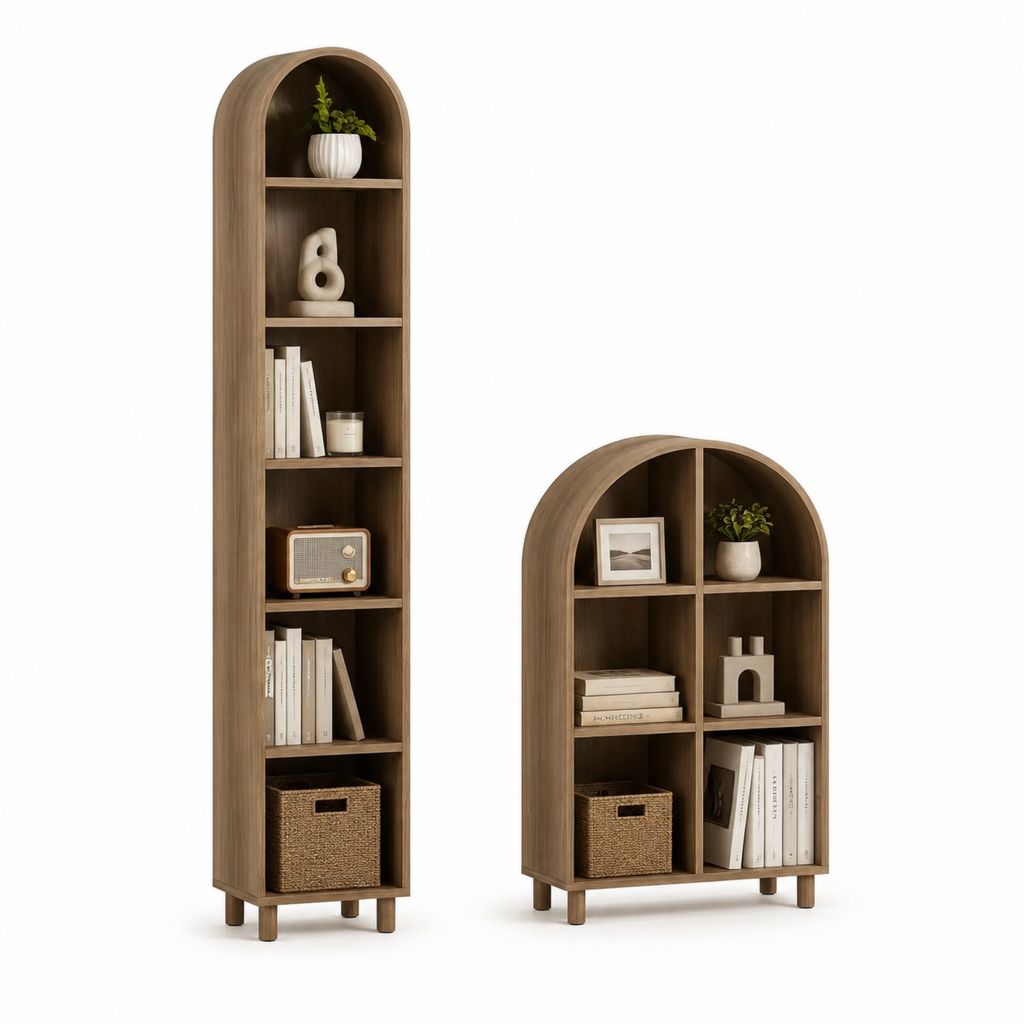 Bücherregal 2er Set walnussbraun aus MDF in Bogenform 40 x 30 x 180 cm und 80 x 30 x 120 cm