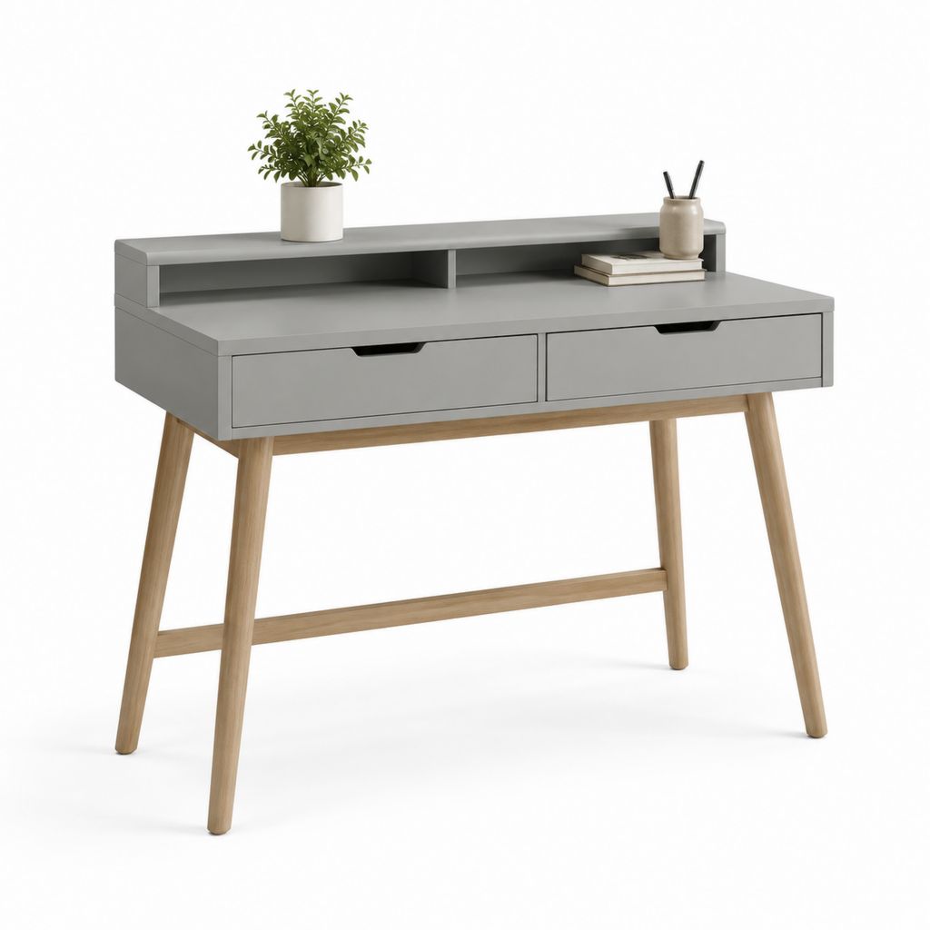 Schreibtisch mit 2 Schubladen und Aufsatzregal Grau Natur aus MDF und Massivholz rechteckig 120 x 60 x 90 cm