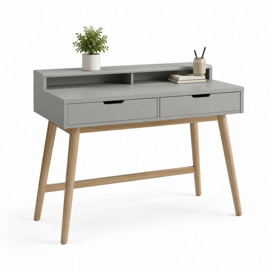 Schreibtisch mit 2 Schubladen und Aufsatzregal Grau Natur aus MDF und Massivholz rechteckig 120 x 60 x 90 cm