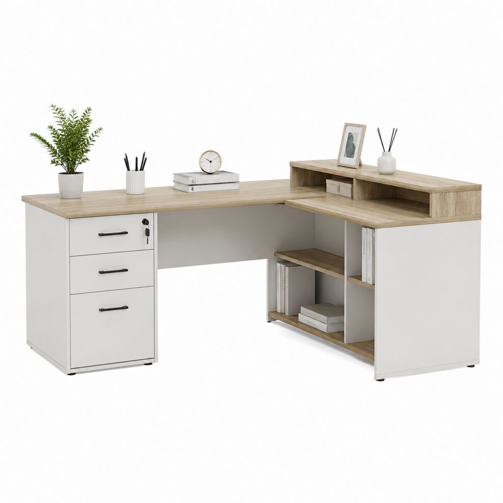Eckschreibtisch mit Aufsatz Weiß Eiche Dekor Spanplatte L-Form 160 x 120 x 75 cm