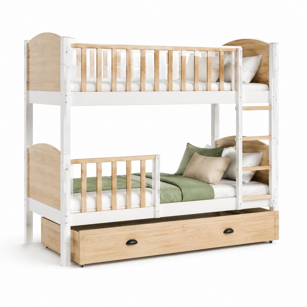 Kinder-Etagenbett aus massivem Kiefernholz in Weiß und Natur 90 x 200 cm mit Leiter und Bettkasten 208 x 98 x 170 cm