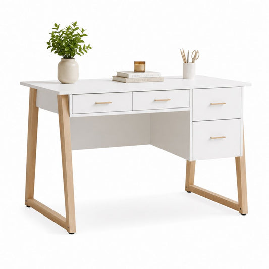 Schreibtisch Weiß mit 4 Schubladen MDF und Kautschukholz 120 x 60 x 75 cm