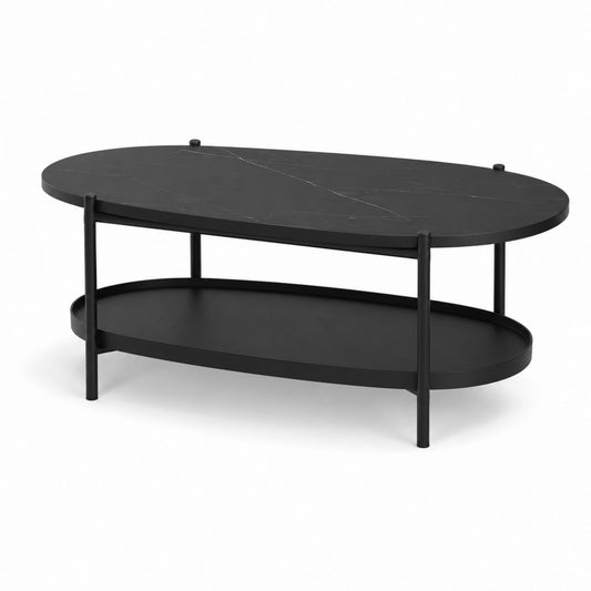 Couchtisch Schwarz Sinterstein Stahl oval 100 x 60 x 45 cm mit Ablage