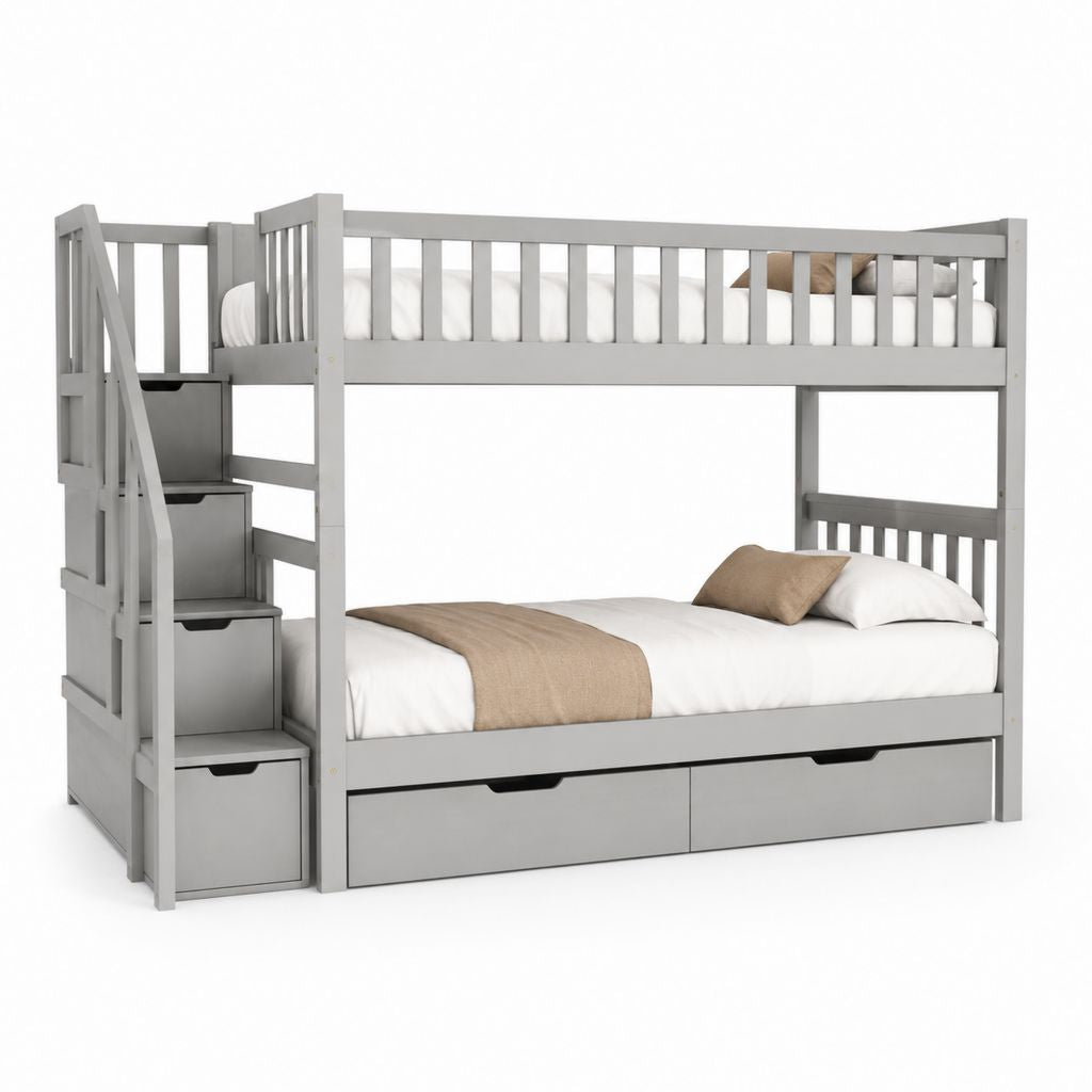 Etagenbett mit Treppe und Schubladen Grau Massives Kiefernholz 90 x 200 cm