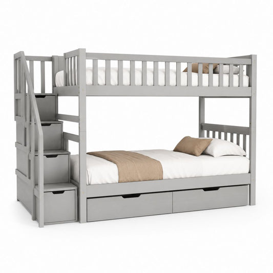 Etagenbett mit Treppe und Schubladen Grau Massives Kiefernholz 90 x 200 cm