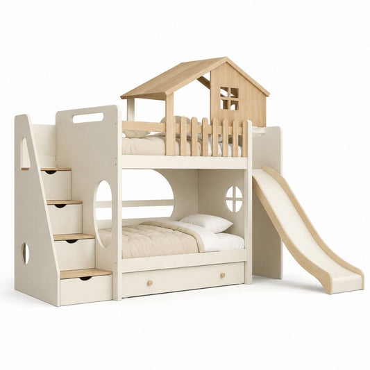Kinder Hochbett mit Rutsche Hausdach und Treppenregal Weiß Naturholz 90 x 200 cm